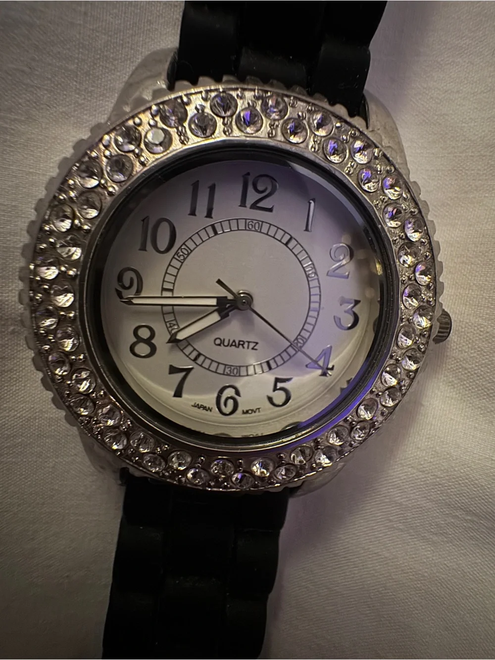 Women's Crystal Bezel Silicone Strap Watch - Black